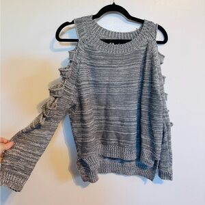 Chandelier grey knit sweater long sleeve cold shoulder with open slit sleeves.